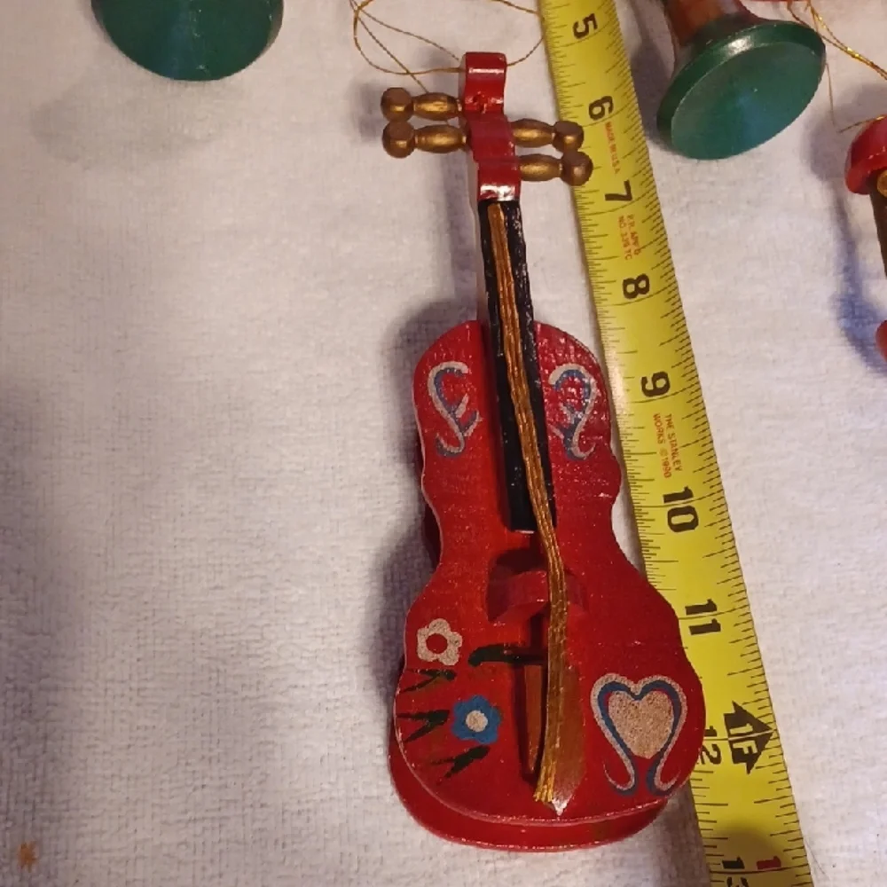 Vintage Red and Green Musical Instrument Ornaments Wooden Instruments 1950's